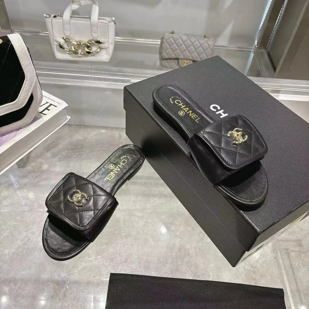 👟👟Ex-factory price 340👟👟Chanel Chanel 25C new women's double C schoolbag buckle flat sandals, fabric sheepskin, color: black: white: pink: apricot, code number: 5-40 (customized 41 42 43 customized non-refundable)